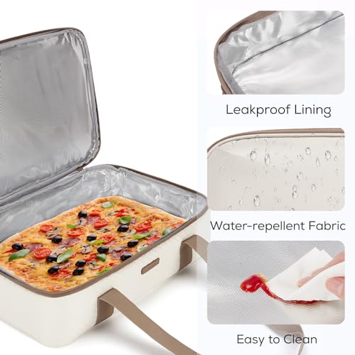 Double Decker Insulated Casserole Carrier for Hot or Cold Food Expandable Thermal Food Carrier for Picnic Cookouts Potluck Parties Fits 9" x 13" Baking Dish (Beige / Double Decker 16.93 x 11.02 x 7.87inch)