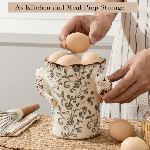 6.34'H Utensil Holder for Kitchen Counter (Gray Flower Patterns- 2 Birds)