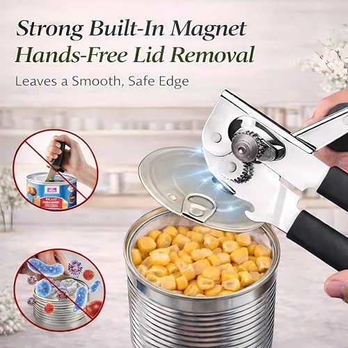 Heavy Duty Manual Can Opener for Seniors & Adults with Magnetic Lid Lifter (Black)