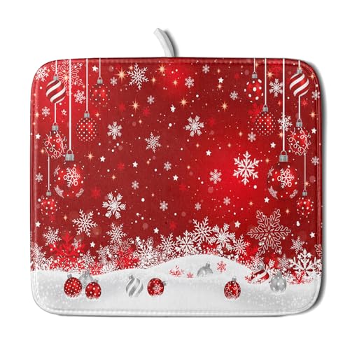 Xmas Balls Dish Drying Mat for Kitchen Countertop Winter Red White Snowflakes Dish Drainer Mats 16x18inch Reversible Dish Drying Rack Pad Protector for Dining Holiday New Year Decor (18" x 16")
