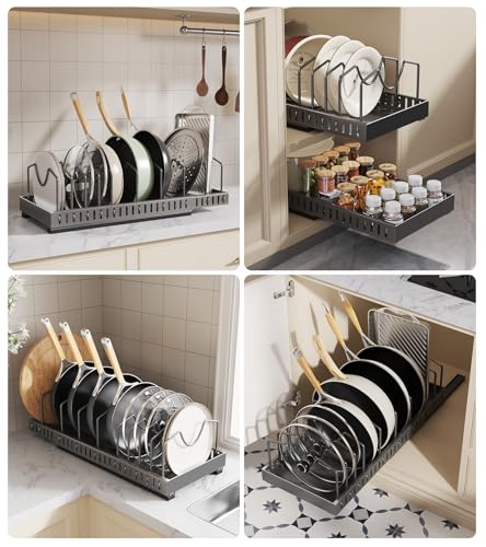 Pull Out Pots and Pans Organizer Under Cabinet (Black / Pull out-Expandable 10 Dividers-1 Pack)