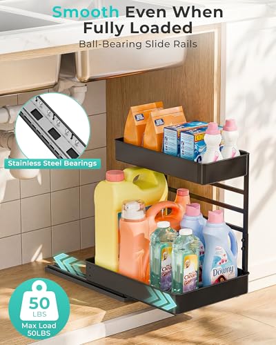 Height Adjustable 2 Tier Metal Pull Out Slide Shelf Organizer for Under Sink Cabinets in Kitchen (2 Sets / Black)