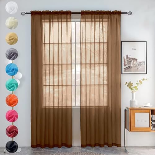Solid Sheer Rod Pocket Curtain Voile Draperies 2 Panels White Beige Black Grey Coffee 52 Inch Width 90 Inch Long 1 Pair for Kitchen Bedroom Children Living Room Yard (Brown / 52"W x 90"L (Pack of 2))
