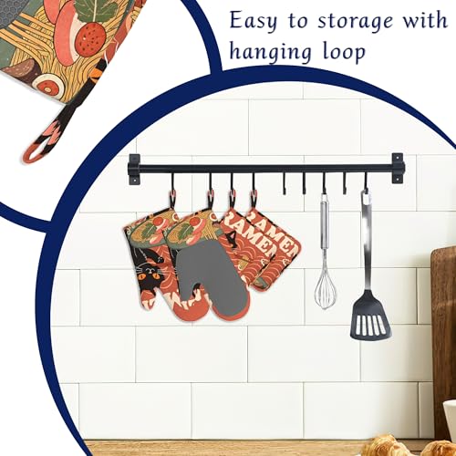 Black Cat Ramen Oven Mitts and Pot Holders Abstract Funny Silicone Kitchen Accessories Set of 4 Heat Resistant Non (Black Cat Ramen,abstract Funny)