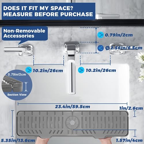 24" Splash Guard Plus Size Silicone Sink Faucet Drying Mat Handle Drip Catcher Tray Dish Sponge Holder Kitchen Accessories Protector Home Organization Gadgets Organizer (Grey(1Pack): 23.4"x5.7")
