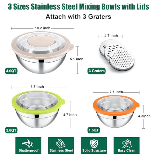 Mixing Bowls with Lids and Graters (Colorful / 4.6/2.6/1.5 QT)