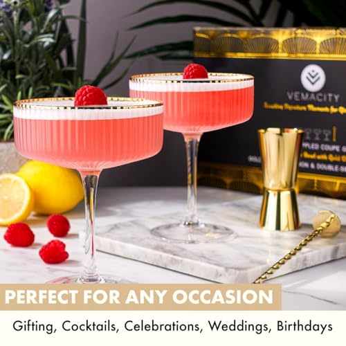 Ribbed Espresso Martini Glasses Set of 4 with Gold Rims (Set of 4- 10oz)