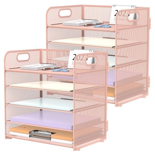 2 Pack 5 Tier Pink Desk Organizer with Handle Mesh Desk File (Pink)