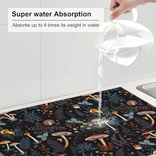 Mushroom Dish Drying Mat For Kitchen Microfiber Drying Mats Absorbent Reversible Dish Pad Draining Mats For Countertop Coffee Mats 18x24 Inch (Mushroom2)