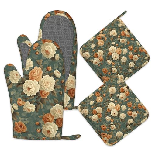 Vintage Rose Flower Oven Mitts and Pot Holders Set of 4 (Vintage Rose Flower)