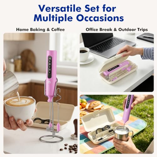 Rechargeable Milk Frother with Stand (Pink)