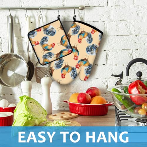 Watercolor Rooster Oven Mitts and Pot Holders Sets Heat Resistant 4Pcs Potholders Oven Gloves Hot Pads for Kitchen Baking Cooking Grilling BBQ (Watercolor Rooster)