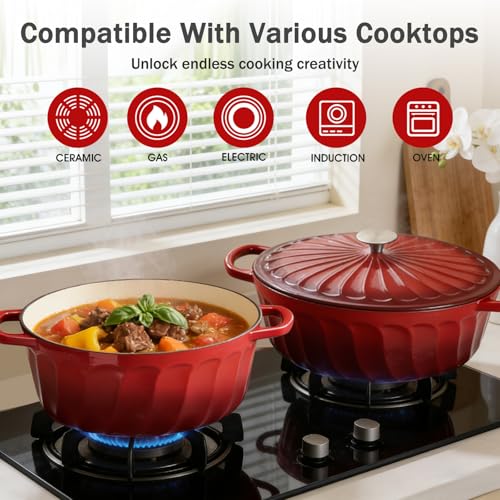 Enameled Cast Iron Dutch Oven Pot with Lid (Red / 6 QT)