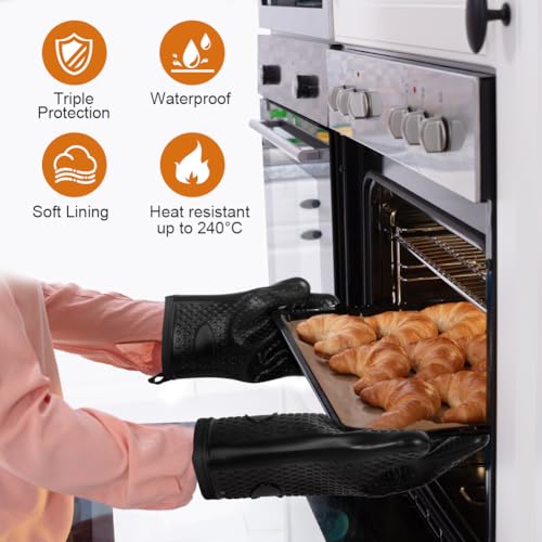 Oven Mitts with 2 Pot Holders (Black With Fingers)