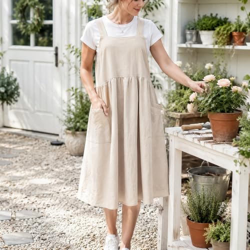Cotton Linen Apron Cross Back Work Apron for Women with Pockets Pinafore Dress X Cross Halter Apron for Baking Gardening (Beige)