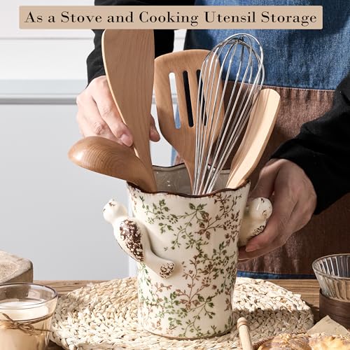 6.34'H Utensil Holder for Kitchen Counter (Green and Beige- 2 Birds)
