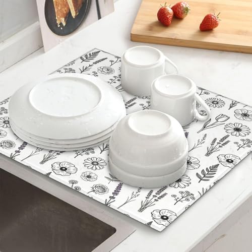 Black and White Floral Aesthetics Dish Drying Mat (Black/White / 24" x 18")