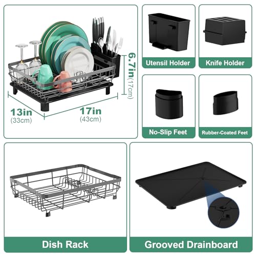 Dish Drying Rack with Drainboard for Kitchen Counter (Gray / 13''W x 17''L)