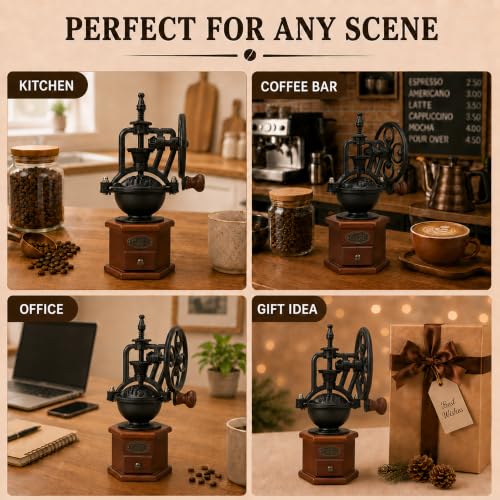 Vintage Manual Coffee Grinder with Cast Iron Ferris Wheel Hand Crank (Espresso Brown (Hexagon Base))