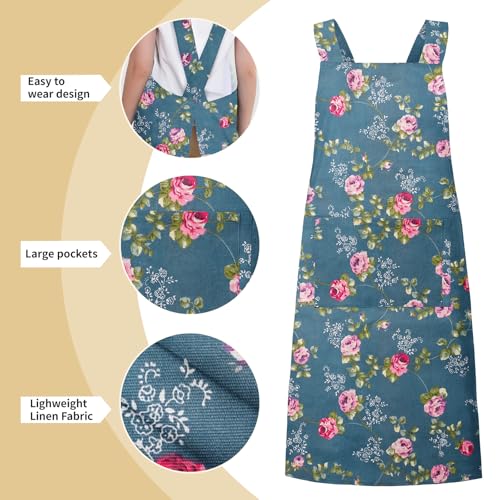 Japanese Style Apron with Pockets (00-floral Blue)