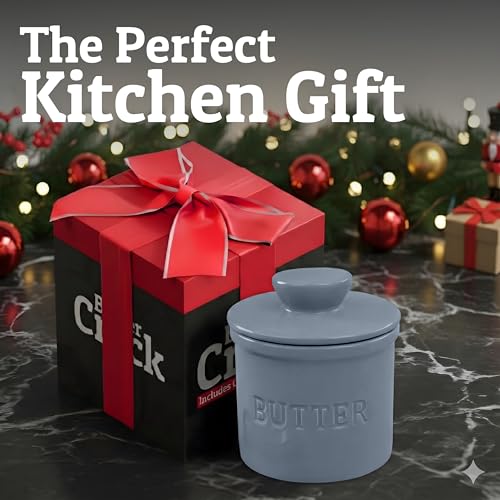 Butter Crock with Lid for Countertop with Spreader Knife and Water Line (Light Grey / Regular)