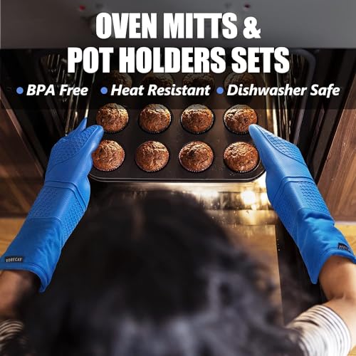 Silicone Oven Mitts and Pot Holders Sets (Blue)