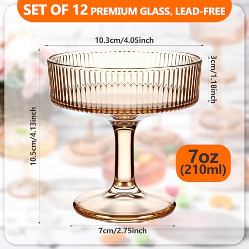 12 Pcs Ribbed Vintage Coupe Glasses 7 oz Martini Glasses Champagne Coupe Classic Cocktail Glassware Reusable Ribbed Glassware for Cocktail Martini European Style (Champagne Pink)