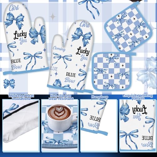 10 Pcs Blue Bow Kitchen Decor Set Dish Towels Kitchen Rugs Oven Mitts and Pot Holders for Cooking Baking Grilling Women Mom Gift (Bright Blue, Black / Bow)