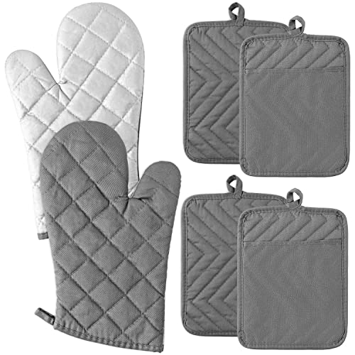 6Pcs Cotton Oven Mitts and Pot Holders Set Durable Hot Pads Machine Washable BBQ Gloves Heat Resistant Pocket Pot Holder with Hanging Loop for Safe Kitchen Baking Cooking Grilling Grey (Gray)