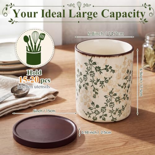 Rustic Rotating Ceramic Utensil Holder Brown Green Floral 6.9" (Brown Green Floral / 6.9" / Rustic Rotating)