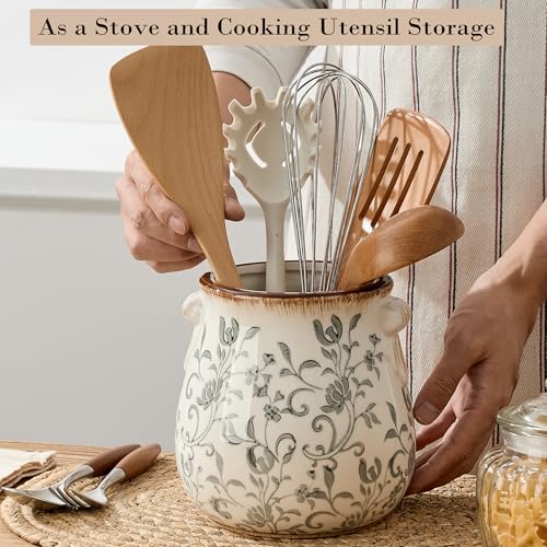 Utensil Holder for Kitchen Counter (Gray Flower Patterns- 2 Ears)