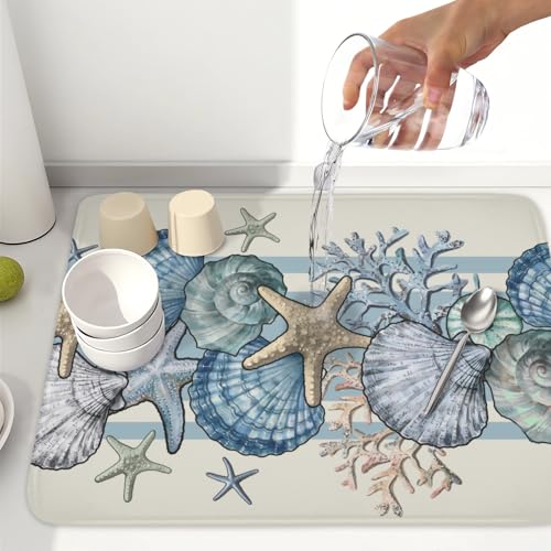 Nautical Coastal Dish Drying Mat for Kitchen Counter Summer Beach Seashell Starfish Microfiber Dish Drainer Mat Ocean Blue Pattern Absorbent Washable Drying Pad Extra Large 18"x24" (Summer Seashell / 24" x 18")