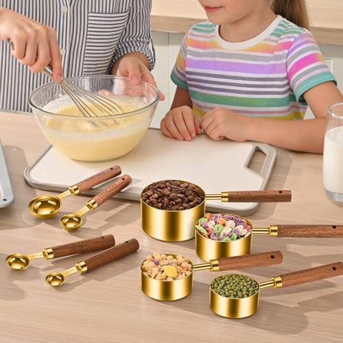Wooden Handle Measuring Cups & Spoons Set 8 (Gold-wood handle)