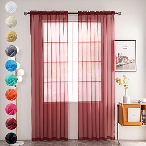 Solid Sheer Rod Pocket Curtain Voile Draperies 2 Panels White Beige Black Grey Coffee 52 Inch Width 96 Inch Long 1 Pair for Kitchen Bedroom Children Living Room Yard (Wine Red / 52"W x 96"L (Pack of 2))
