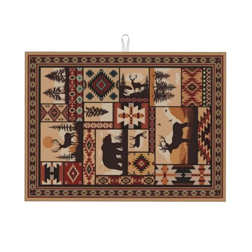 Western Wildlife Geometric Dish Drying Mat for Kitchen Counter (Brown-Wildlife / 18" x 24")