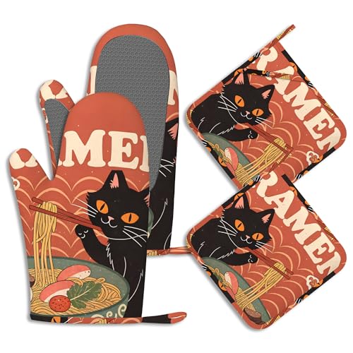 Black Cat Ramen Oven Mitts and Pot Holders Abstract Funny Silicone Kitchen Accessories Set of 4 Heat Resistant Non (Black Cat Ramen,abstract Funny)