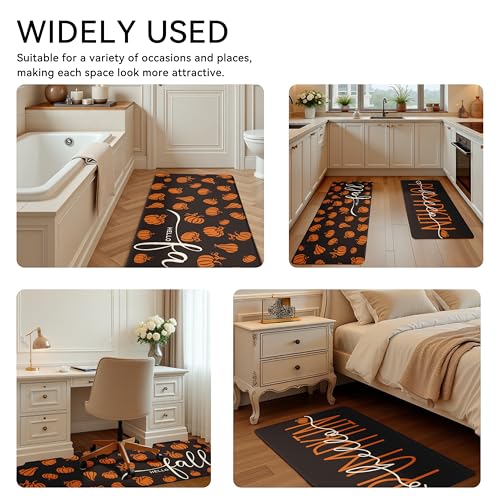 Fall Autumn Pumpkin Black Kitchen Rug Sets 2 PCs (Black / 17.3"x29"+17.3"x47"-0.4"H)