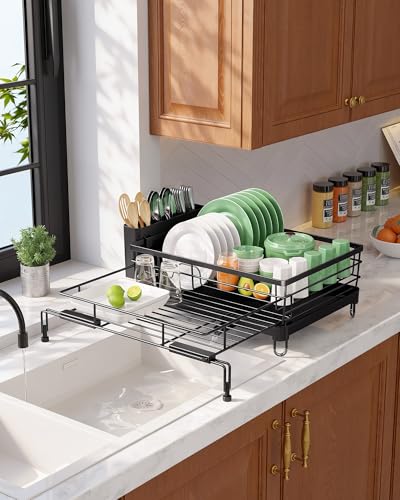 Adjustable Dish Drying Rack (Black / 15.6''-25.2''L × 16.9''W × 8.1''H)