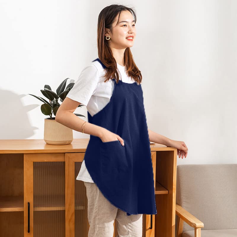 Cotton Cross Back Aprons Solid Color Cooking Kitchen Garden Smock for Women Girls with Pockets (Navy Blue / 37W x 32L)