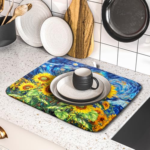 Sunflower Dish Drying Mat for Kitchen Counter 18x16 Inch Starry Night Drying Mat with Absorbent Reversible Microfiber Farmhouse Floral Dish Drainer Mats Rack Pad for Coffee Countertop Protector (Blue Yellow / 18" x 16")