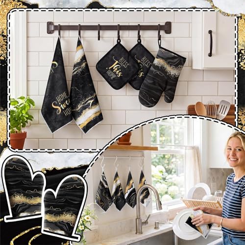 12 Pcs Marble Kitchen Decor and Accessories Sets 4 Black and Gold Marble Kitchen Towels 4 Farmhouse Absorbent Dishcloths 2 Pot Holders 2 Oven Mitts Gloves for Home Decor Mom Gifts (Black Gold / Marble Pattern)