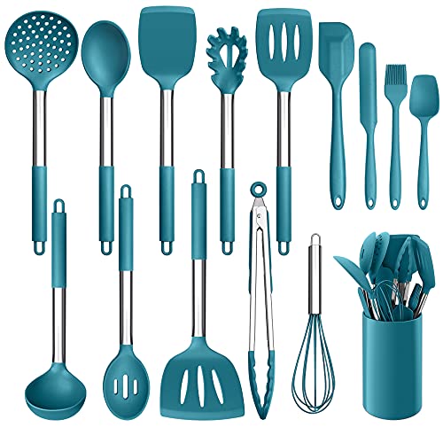 15 Piece Kitchen Cooking Utensils Set with Holder (Dark Blue)