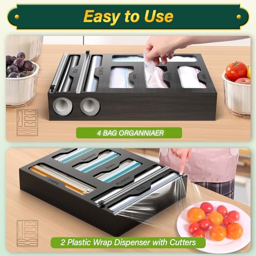 Bag Organizer & Plastic Wrap Dispenser with Cutter (Black)