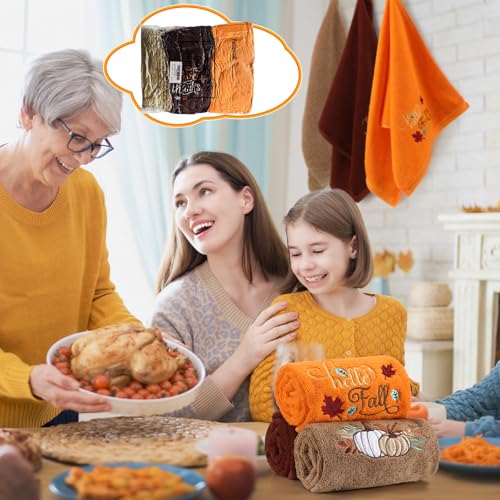 3 Pcs Fall Hand Towels for Bathroom 13.8 x 29.5 Inch Autumn Decorative Bath Towels Sets 100% Cotton Embroidered Pumpkin Maple Thanksgiving Bathroom Decor (Orange and Brown / Pumpkin)