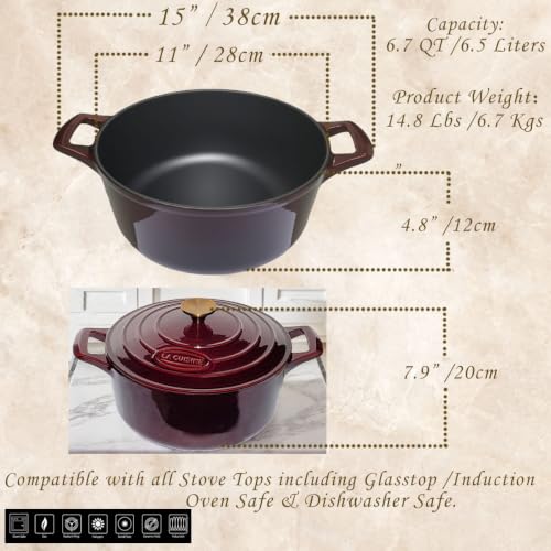 La Cuisine Enameled Cast Iron Dutch Oven Casserole Pot with Golden handle for Lid (6.5 QT Round / Cranberry)