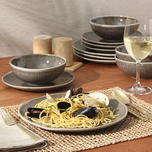 Sandy Pines Stoneware Plates and Bowls Set (Brown (Sandy Pines) / Service for 4 (12pcs))