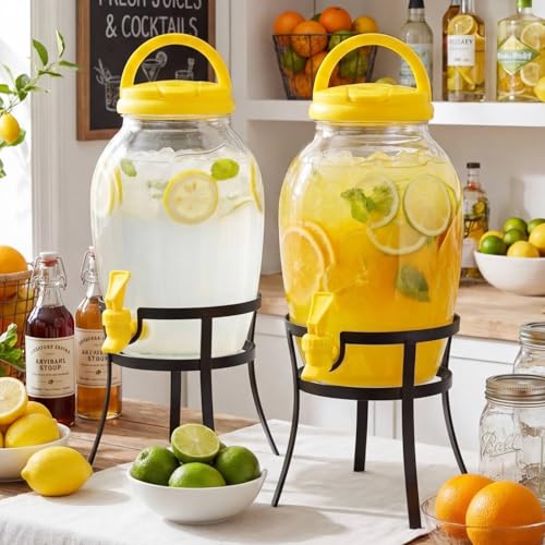 2 Pack 1.16 Gallon Drink Beverage Dispenser with Stand for Parties Plastic Water Lemonade Juice Dispenser with Spigot and Lid for Countertop Weddings (Yellow)