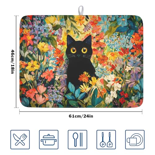 Spring Summer Floral Cat Dish Drying Mat for Kitchen Counter Abstract Oil Painting Wildflower Microfiber Dish Drainer Mat Rustic Absorbent Washable Drying Pad Extra Large 18"x24" (Colorful Floral / 24" x 18")