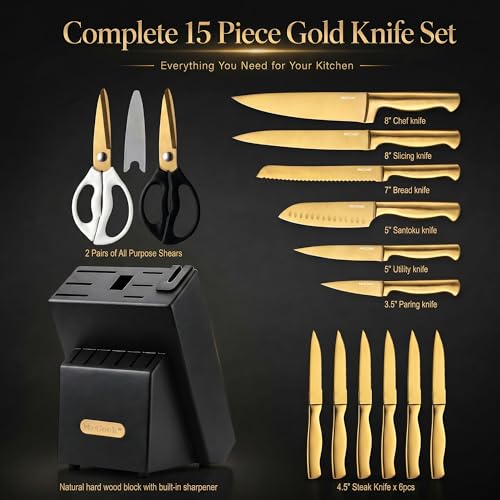 Knife Sets Golden Titanium Stainless Steel Kitchen Knife Block Sets with Built (GoldenBlack / 15 pieces)