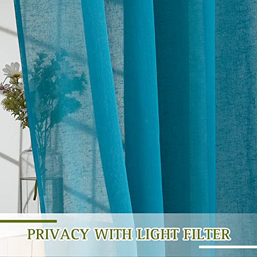 Semi Sheer Curtains Flax Linen Texture (52"W x 84"L (Pack of 2) / Peacock Green)